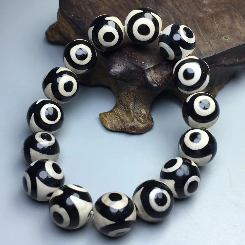 Natural Agate Black and White Three Eye Round Bead Single Ring Bracelet for Men and Women