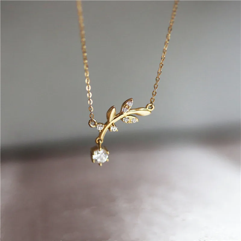 

European Olive Leaf Zircon Pendant Necklace For Women S925 Pure Silver Electroplated 14K Gold Bestie Birthday Gift Jewelry