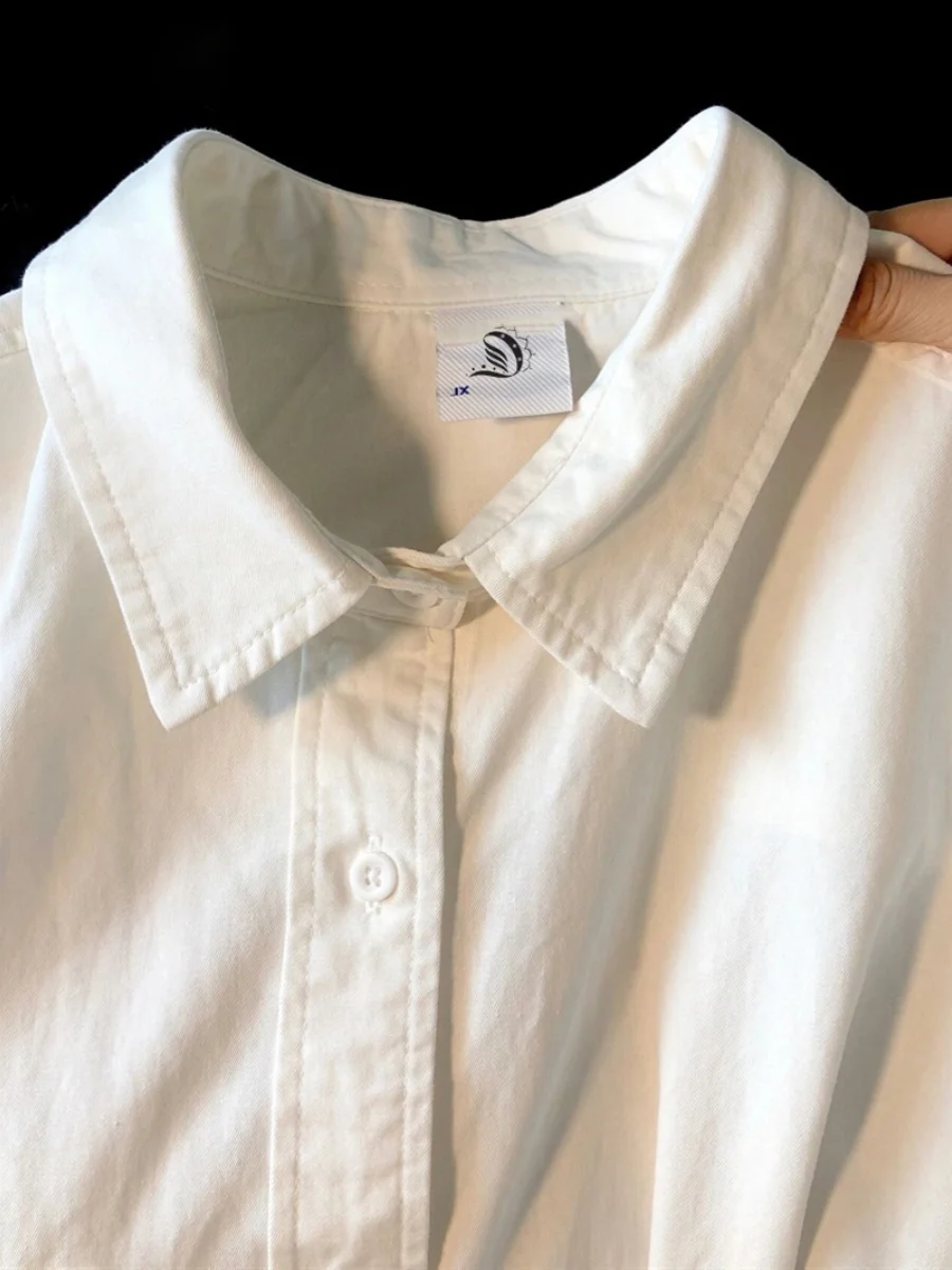 

White Pure Cotton Summer Shirt Women's Long Sleeve Layering Inner Wear Top Coat Sun Protection Loose Fit Korean Style Commute