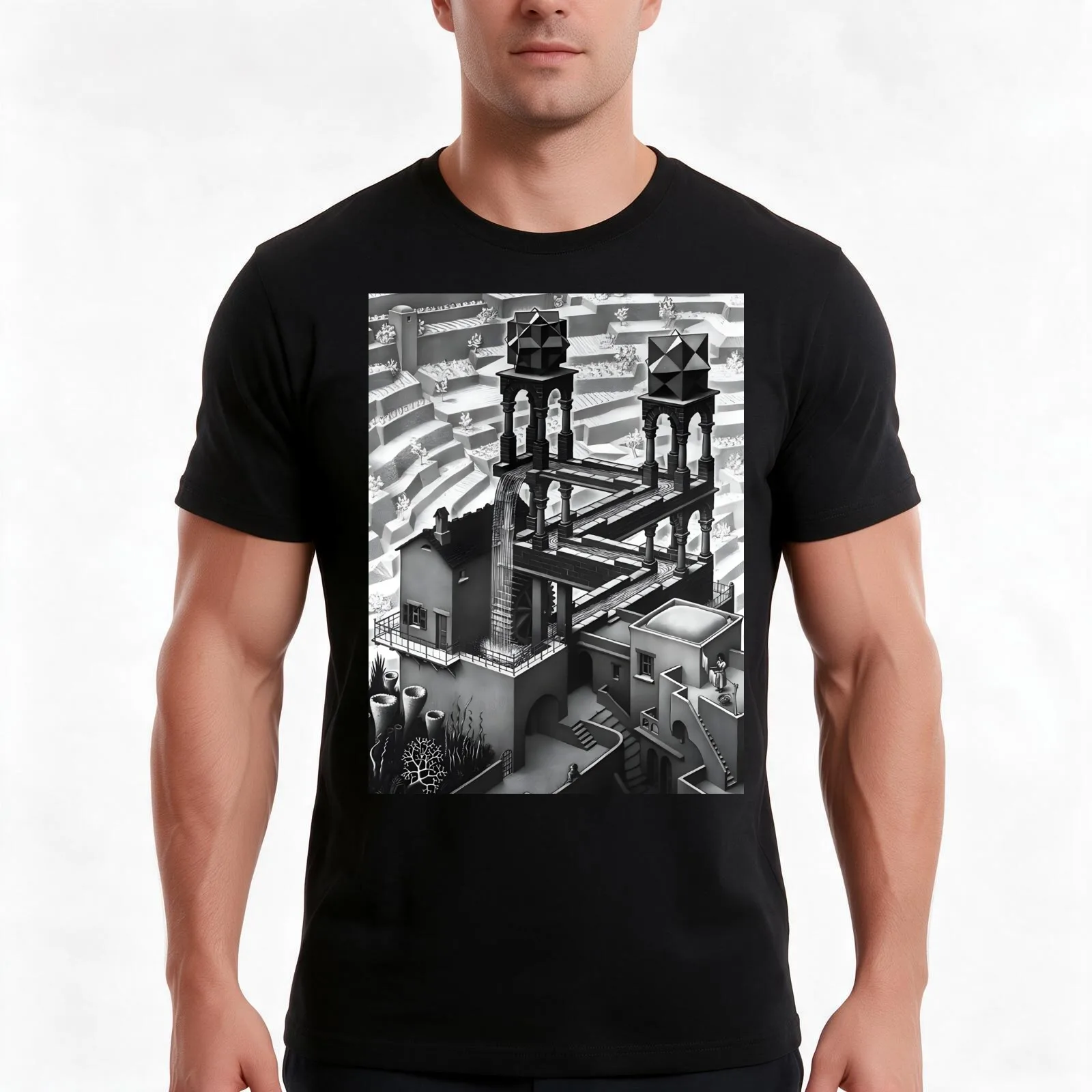 M.C. Escher - Waterfall T-Shirt Summer Casual Cotton Tee Oversized Streetwear Tops Vintage Graphic Print Unisex Men Women