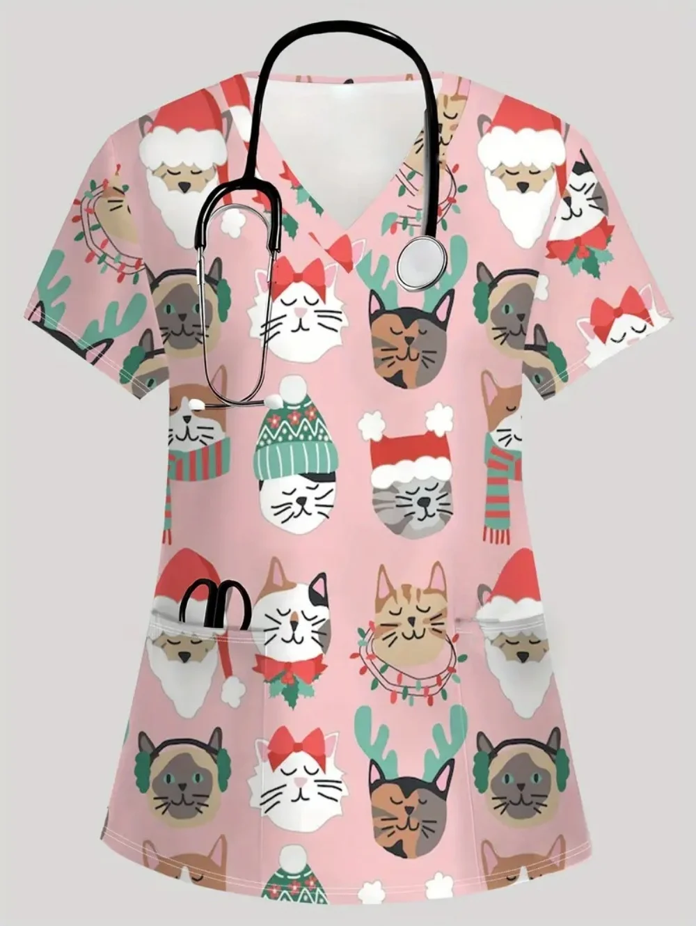 Christmas-themed women's nurse uniform top with cartoon kitten pattern, V-neck veterinary nurse uniform shirt, nurse uniform.