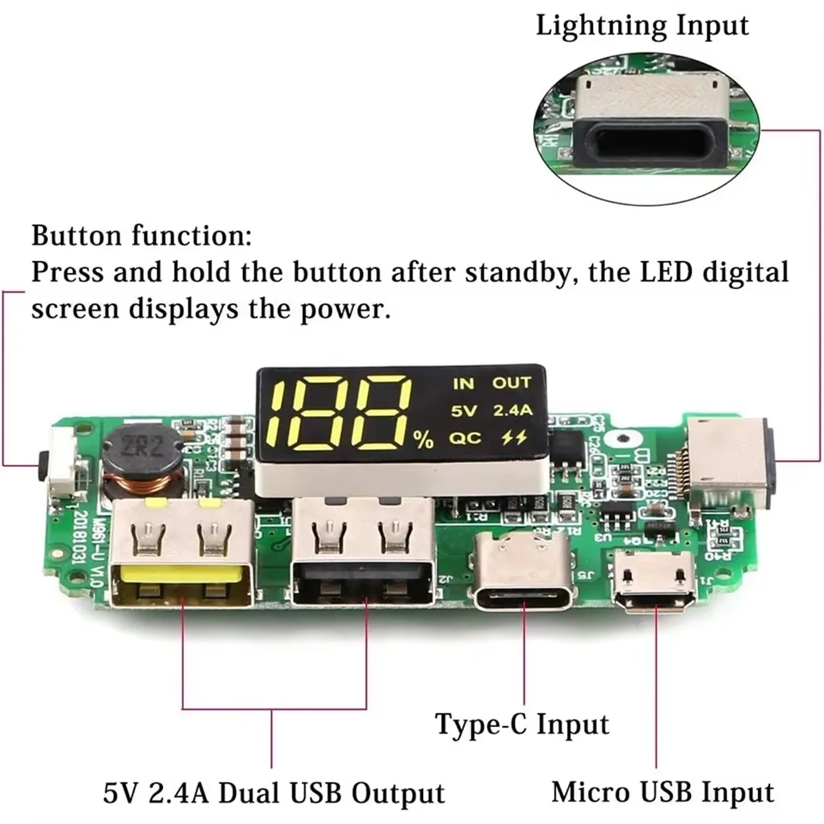 N33R_3Pcs Lithiumbatterijlader Board LED Dual USB 5V 2.4A Type-C USB