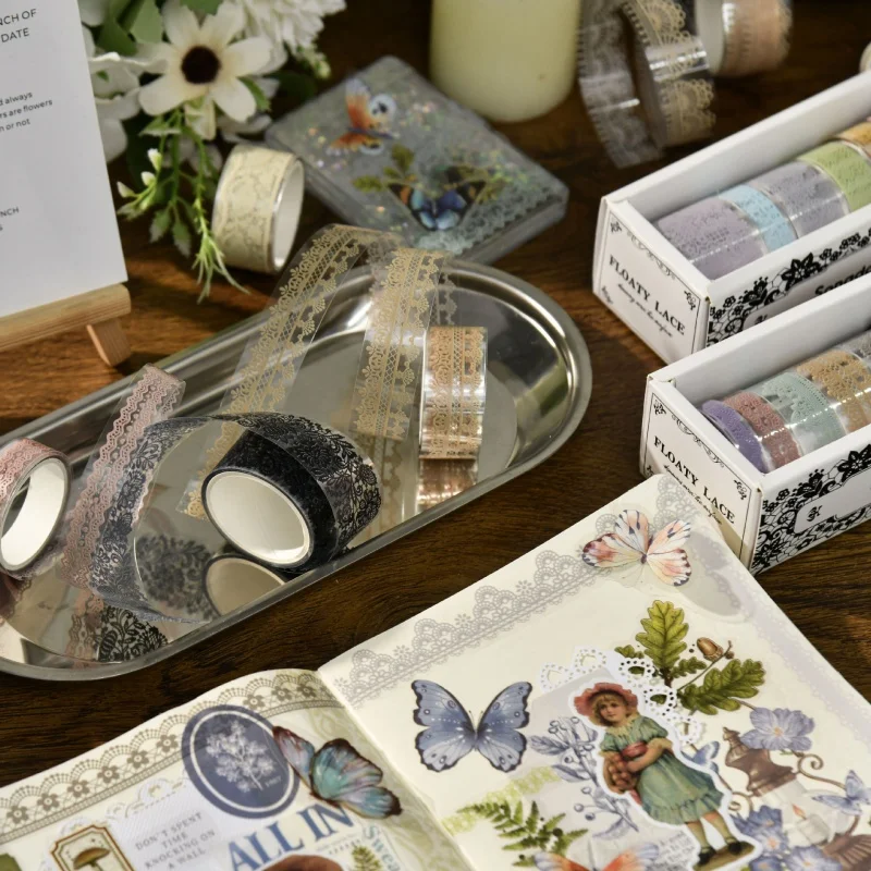 6 Rolls/Box PET Lace Patterned Tape Plant Manual DIY Stickers Notebook Stickers Student Stationery Tape Supplies