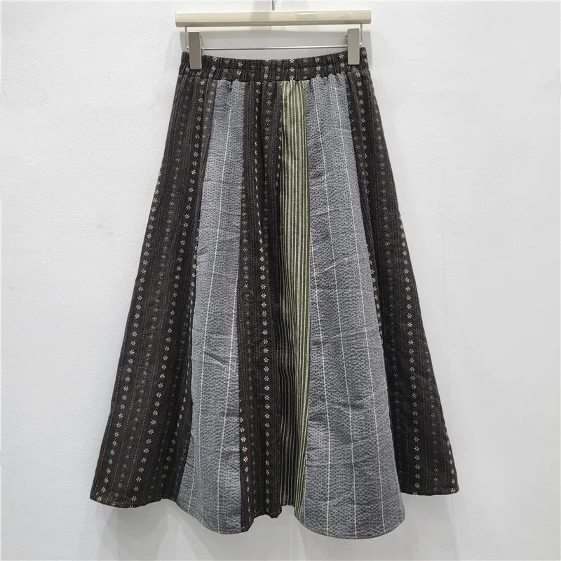 HKSH Spring Autumn New Women's Skirt Striped Floral Patchwork Color Block Elastic Waisted Pleated A-line Chic Y2K Skirts HK14640