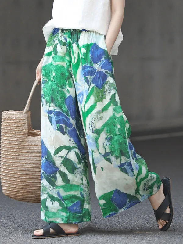 Authentic Linen Silk Printed High Waist Slimming Wide Leg Casual Pants Women's Retro Style Comfortable Cotton Blend Trousers