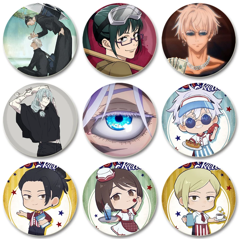 Anime Cartoon Figures Yuuji Itadori/Maki Zenin/Megumi Fushiguro/Toge Inumaki Brooch Badge Snap-in Pins for Backpack Accessories