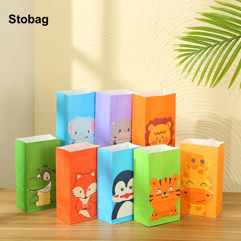 

StoBag 24pcs Cartoon Animal Kraft paper Gift Packaging Bags Kids Children for Candy Snack Storage Pouch Birthday Party Favors