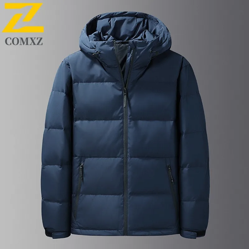

COMXZ Men Hiking Down Jacket 2025 Hooded Design Travel Windproof Warm Parka Ultra Light Camping Cold Resistant Winter Clothing