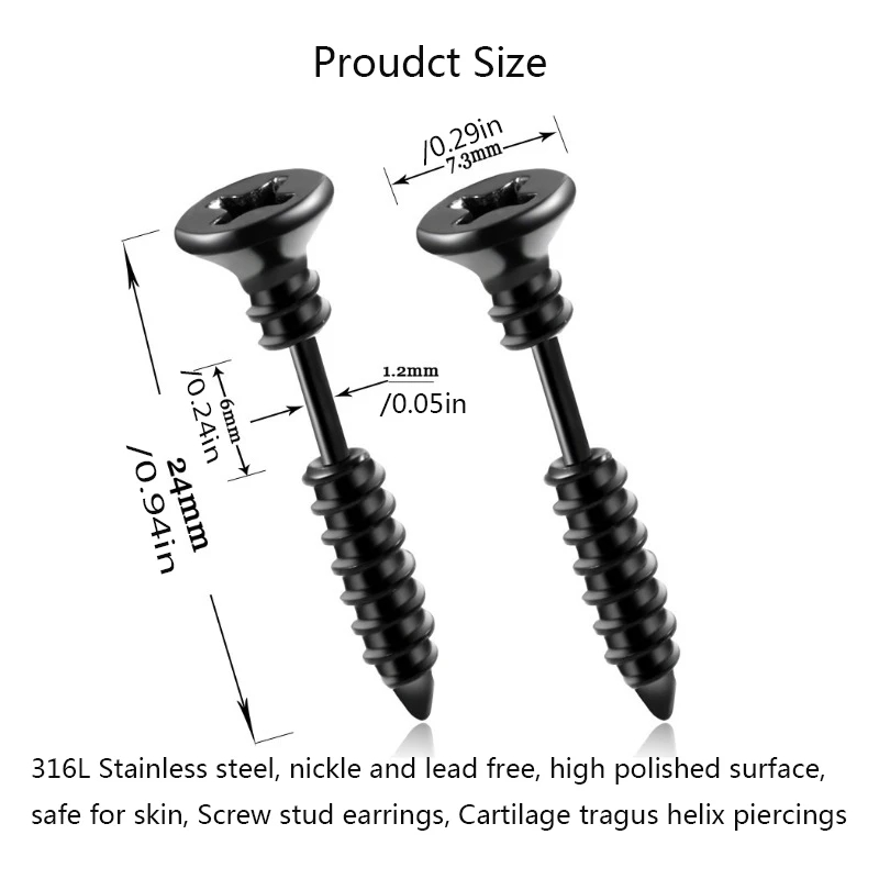 2Pcs 316L Stainless Steel Nail Screw Stud Earring for Women & Men, Fashion Punk Cartilage Tragus Helix Ear Piercings Jewelry