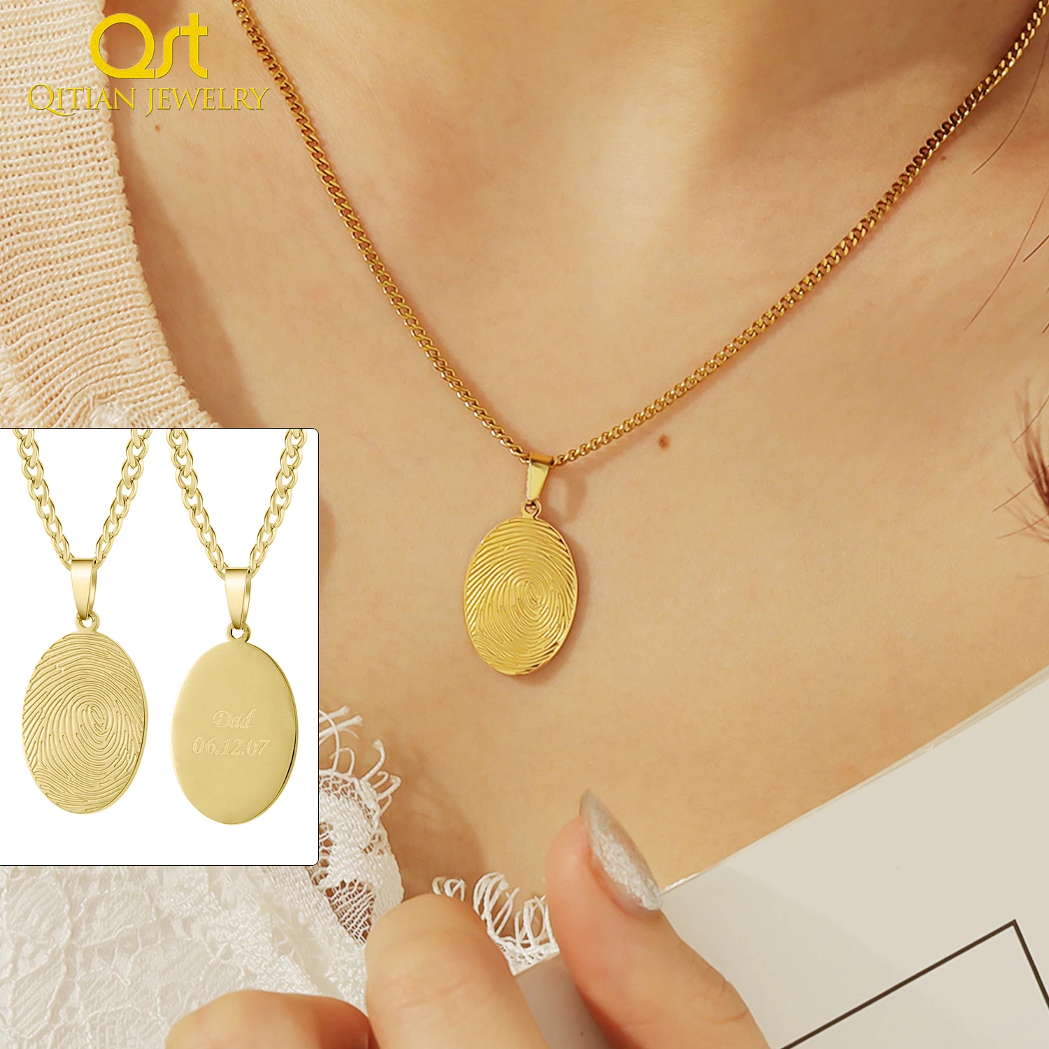 

Qitian Custom Oval Fingerprint Necklace Double Sided Necklace With Gold Stainless steel Pendant For Women Memorial Jewelry Gift