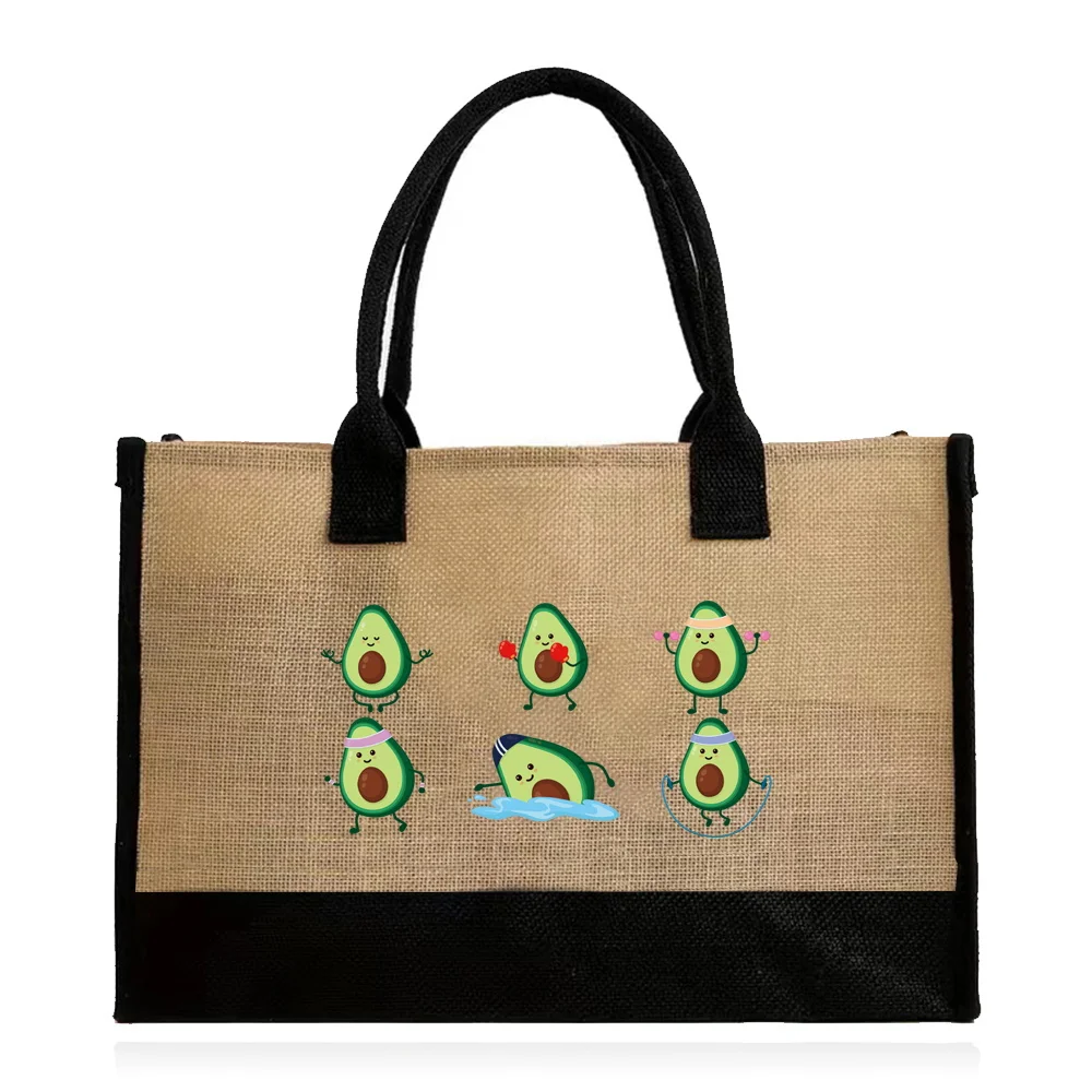 2024 Borse tote Borsa da spiaggia portatile in tela casual Borsa in iuta Shopping Borsa impermeabile di grande capacità Stampa serie di avocado