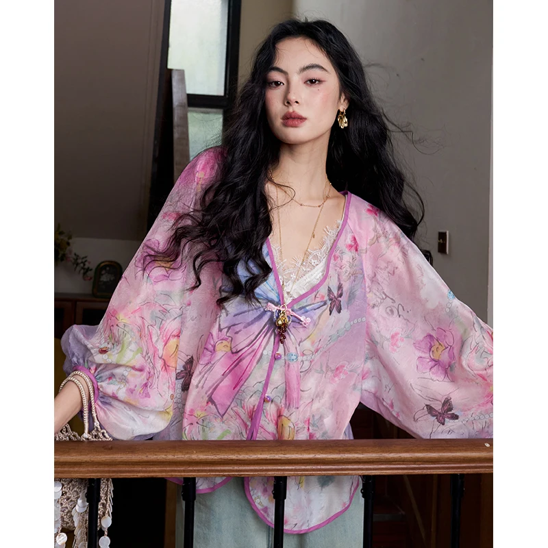 ELFSACK Floral Butterfly Print New Chinese Blouse, Gothic Court Lantern Sleeve Frog Button Top, Sweet Daily Shirt for Women