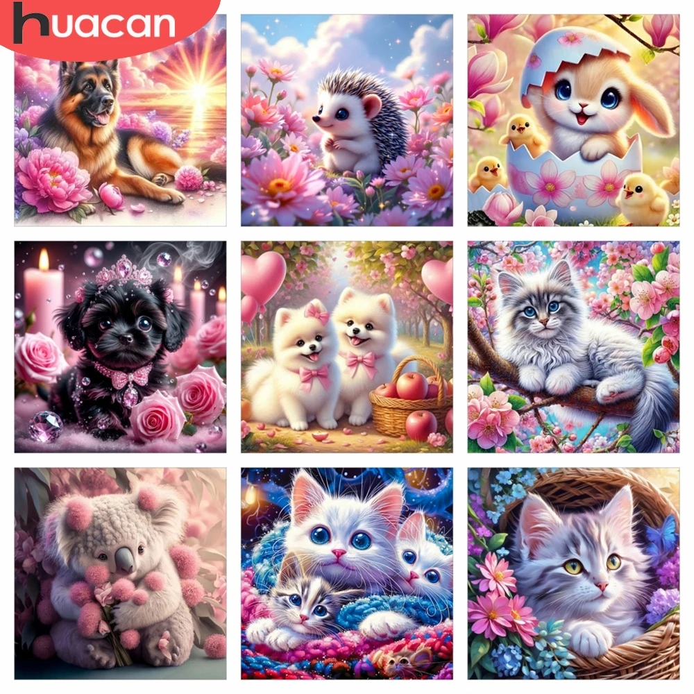HUACAN Diamond Painting Kits Cat Dog Animal Mosaic Full Square Round Drill Diamond Art Rose Flower Home Decor Rhinestones