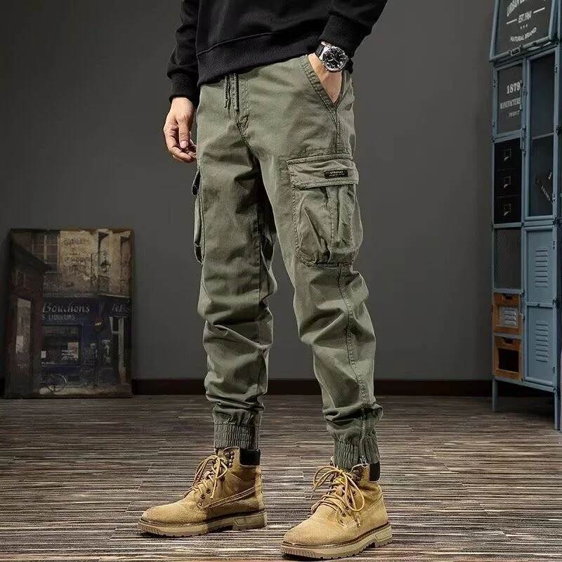 Men's Summer Work Trousers All-Match Loose Wear-Resistant Tear-Proof Cuffed Casual Pants for Heavy Duty Green Polyester Fiber