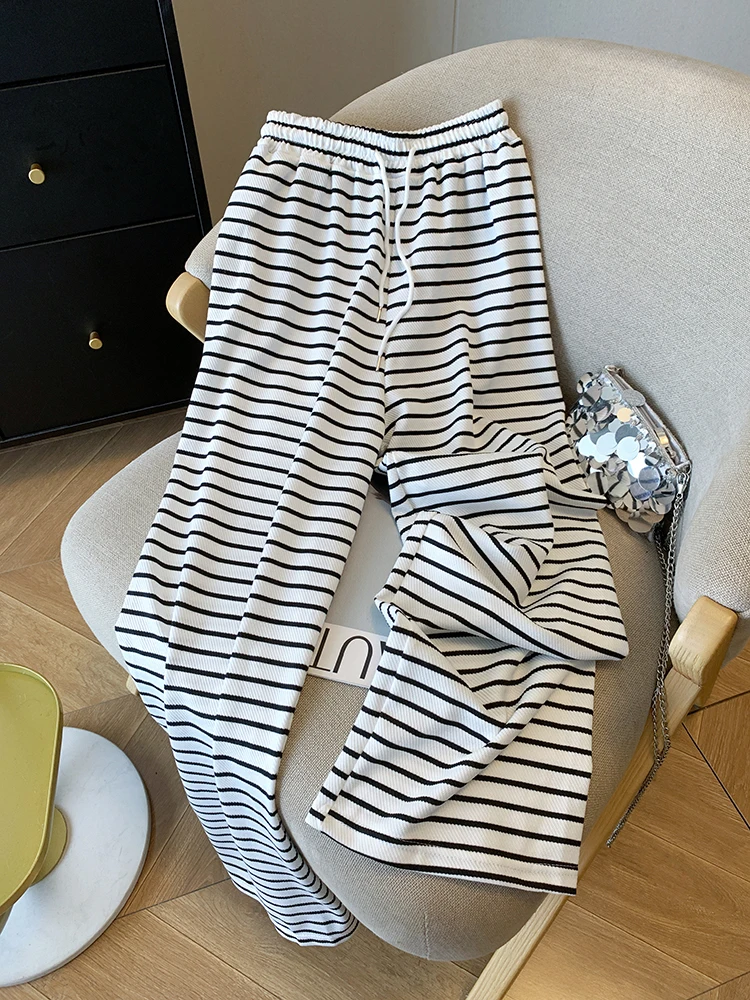 

Women Drawstring Straight Pants Autumn New Vintage Striped Knitted Wide Leg Pants Streetwear Fashion Casual Trousers