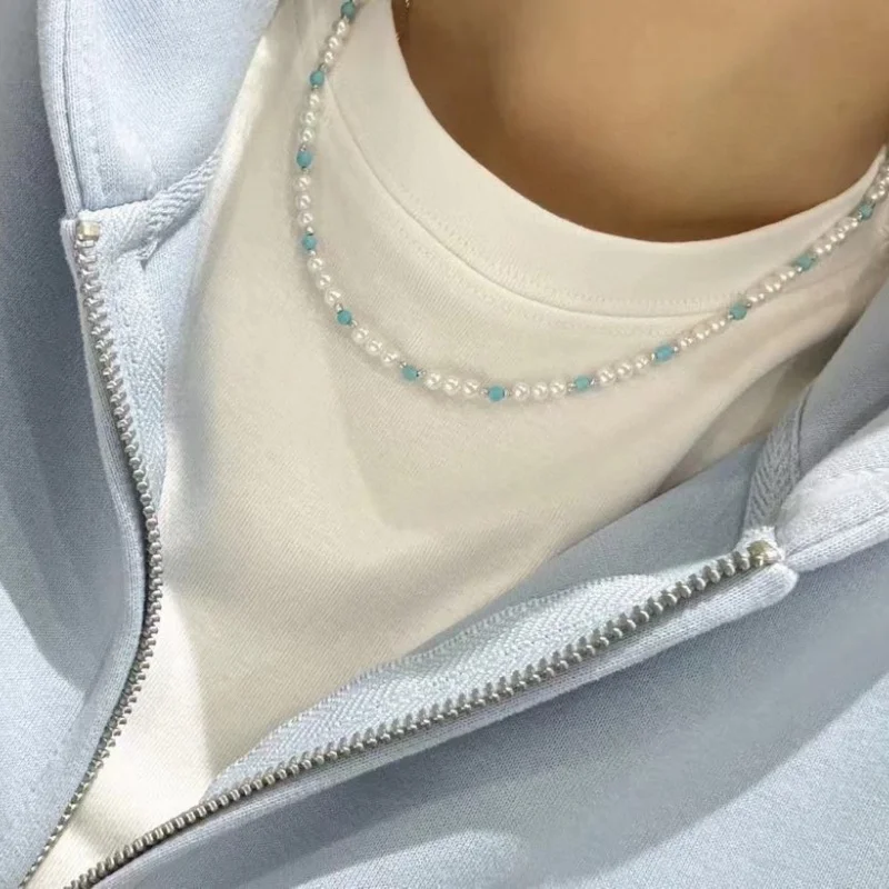 SGARIT Sleeping Beauty Turquoise Necklace For Women Genuine Fresh Water White Pearl Necklace Party Engagement Elegant Jewelry view 2