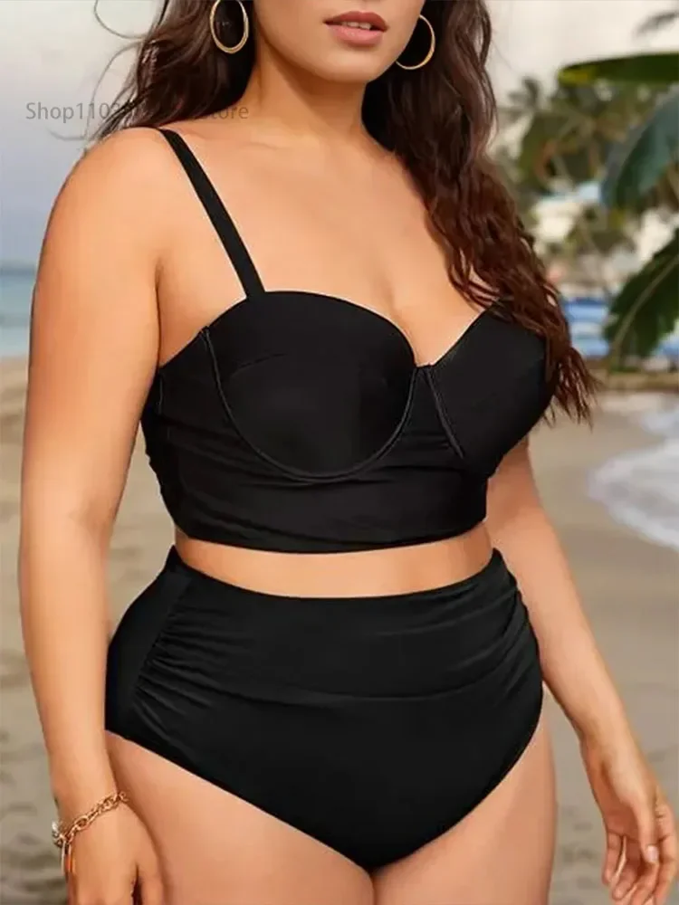 Large monochrome bikini, women\'s enhancement, two-piece high waisted swimsuit, beach clothing, 2024