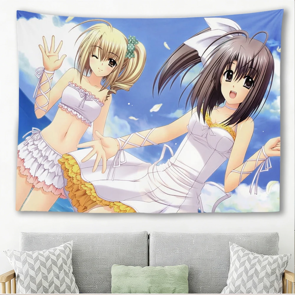 Kawaii Under the Innocent Sky Anime Girls Tapestry Blonde Black Hair Summer Sky Wall Hanging Decor