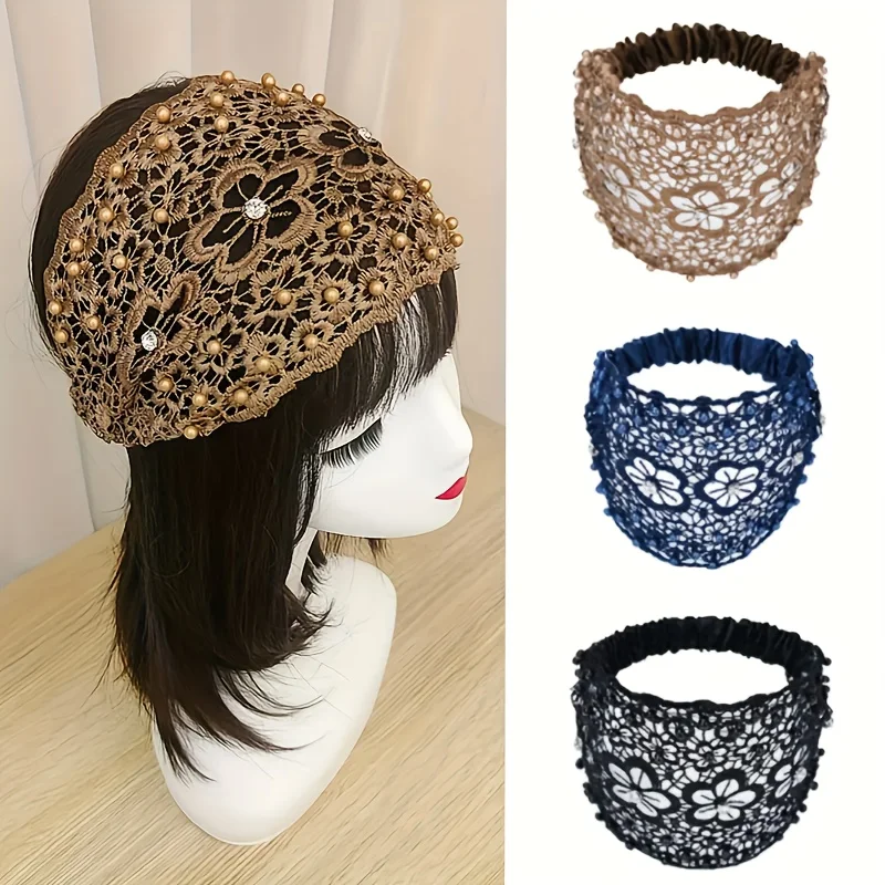 Elegant floral lace bead headband - Polyester hollow headband with elastic band - Dress up hair accessory set - Pattern solid co