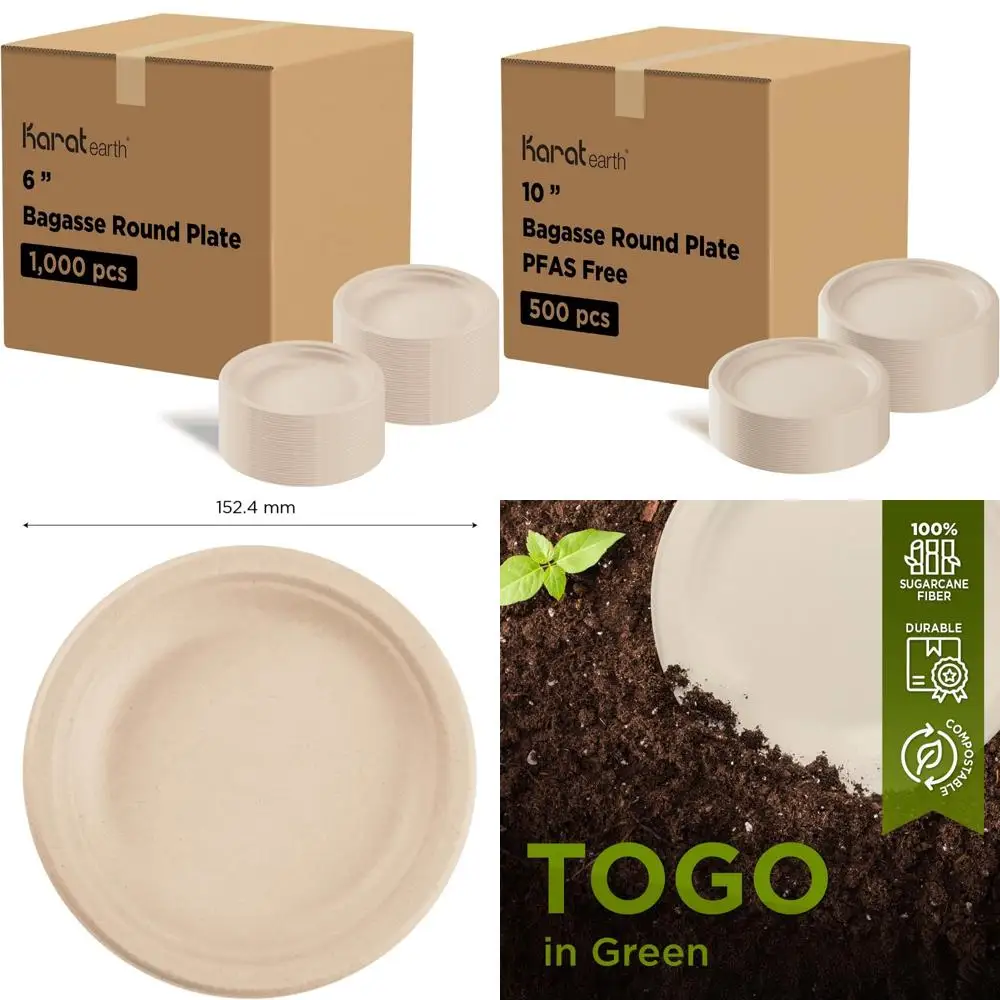 

Compostable 6-Inch Natural Biodegradable Plates, Microwave Safe, PFAS-Free, Bulk Case of 1000