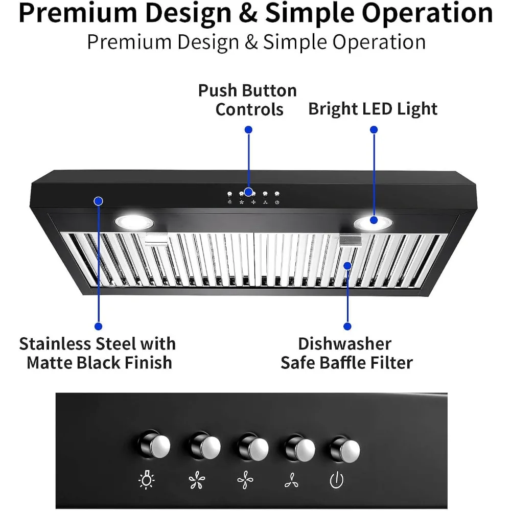 Range Hood 30 inch Under Cabinet,Black Range Hood with 500 CFM,Ductless Range Hood Black,Stainless