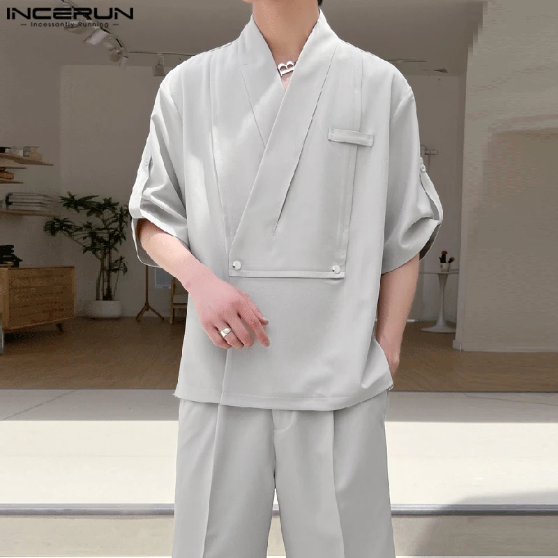 INCERUN Men Fashion Harajuku Tops 2024 Simple Loose Five Quarter Sleeve Shirts Korean Style Handsome Button Three-Breasted Cloth