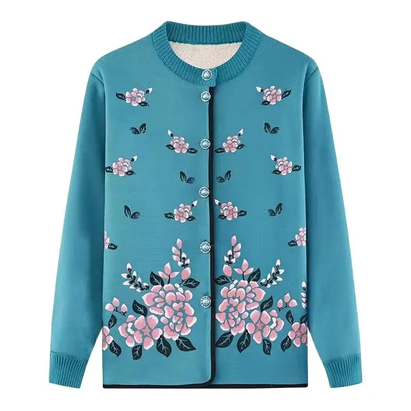 

Middle-aged Lady Print Sweater Women's Coats Spring Autumn Embridery Warm Loose Jackets Female Knitted Cardigan Casual top