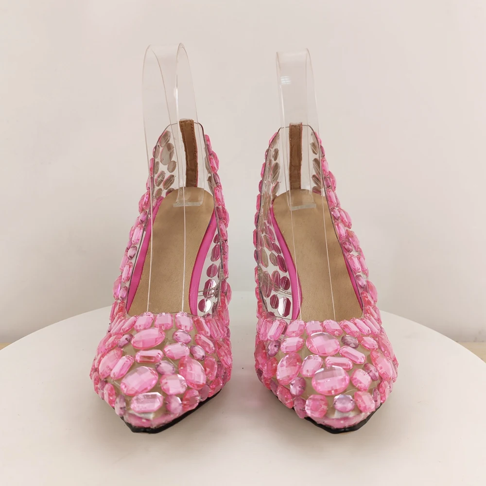 جديد الربيع والصيف الوردي كريستال كامل الماس رقيقة عالية الكعب أشار تو الانزلاق على أزياء أنيقة أحذية الزفاف مأدبة مضخات