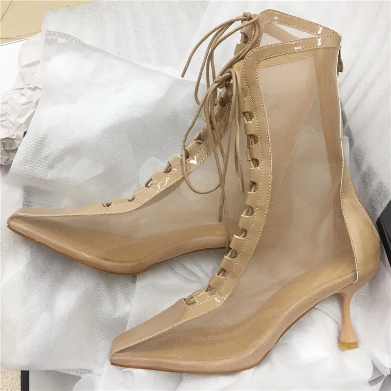 

Новая женская обувь на платформе с сеткой, летние пикантные сандалии на тонком высоком каблуке до щиколотки, ботинки челси, банкетные женские туфли на высоком каблуке