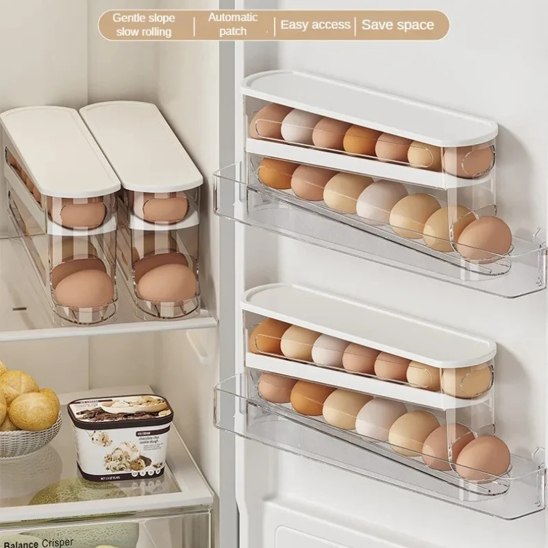 Bilayer Fridge Egg Storage Box Automatic Rolling Eggs Holder Rack Ladder Style Refrigerator Eggs Dispenser Egg Organizer Holder
