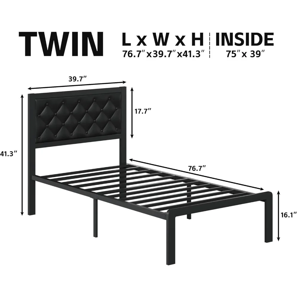 إطار سرير مزدوج مع منصة إطار سرير منجد من جلد البولي يوريثان على اللوح الأمامي، جميع الشرائح المعدنية تدعم إطار سرير بمنصة مع مساحة تخزين