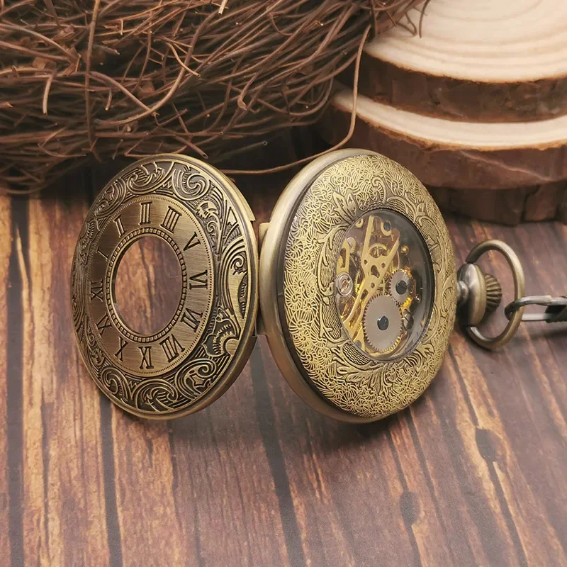 Hot Sale Bronze Vintage Mens Personalised Pocket Watches Mechanical Arabic Numerals Display Hand Wind Pocket Fob Watch