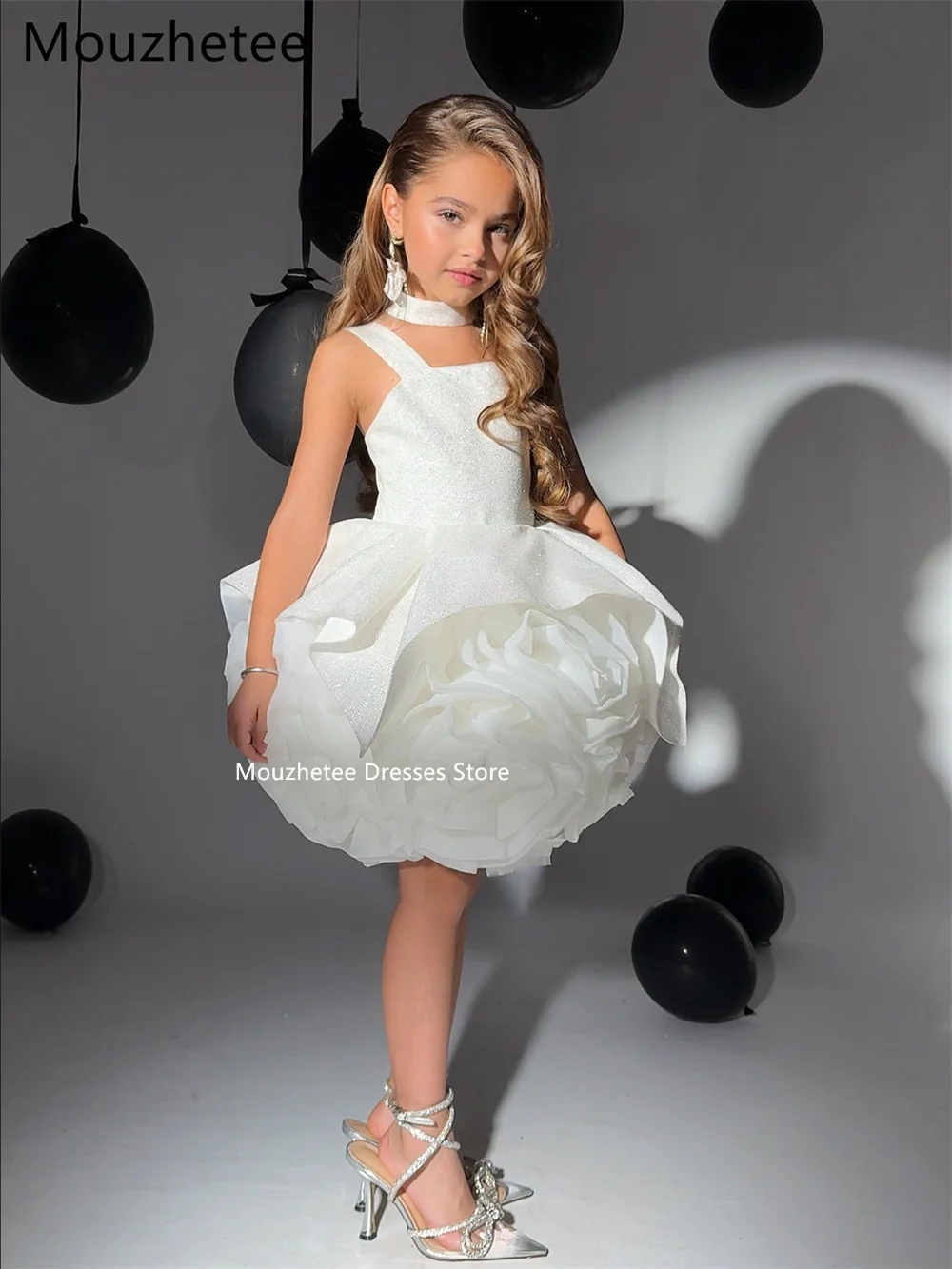 Mouzhetee A-Line Shiny Flowers Girl Dresses Wedding Party Dress for Kids 3D Flower Flowers Girls Prom Gowns Custom Made