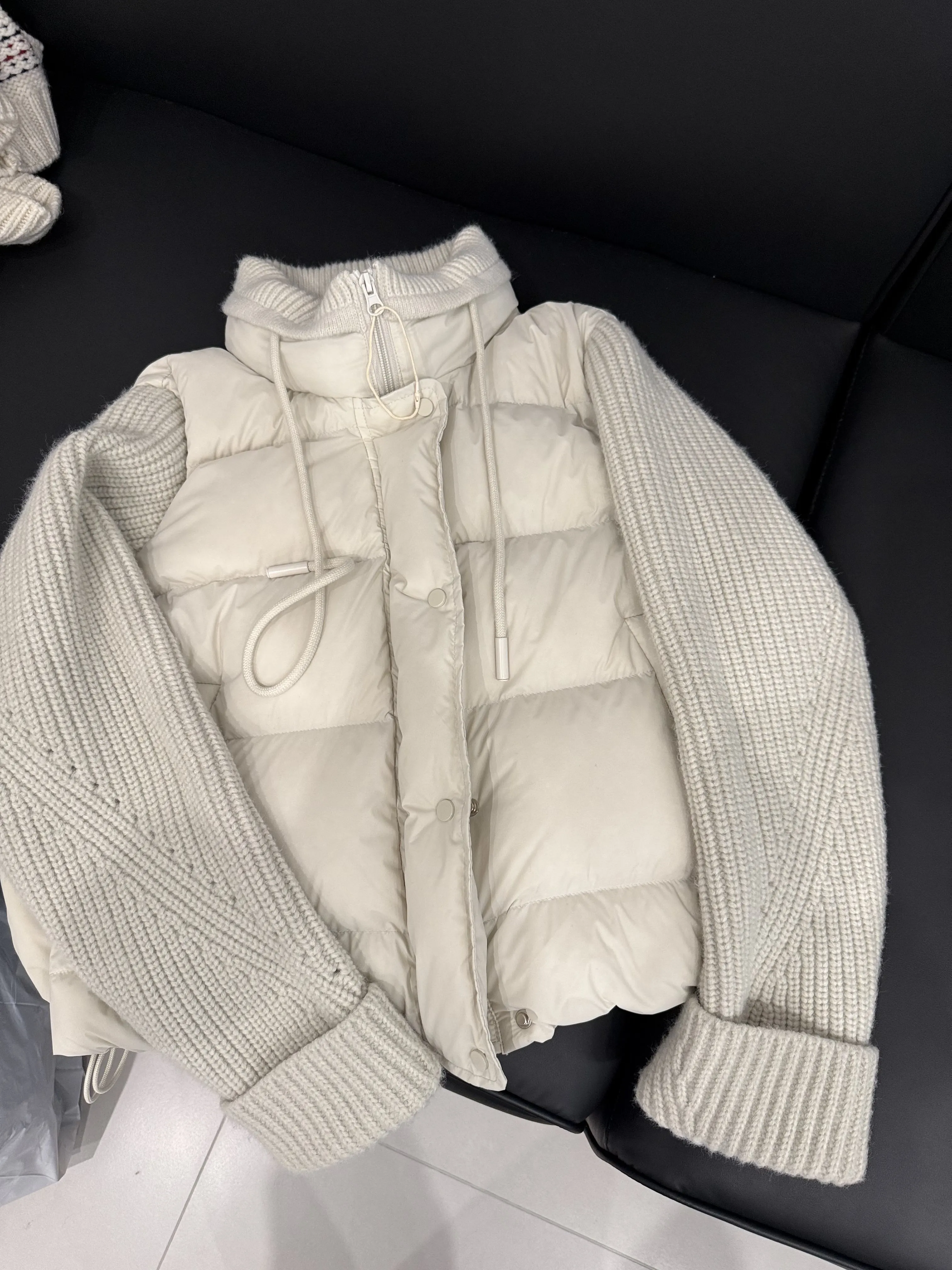 Stand Collar Knitted Sleeve Women Down Coat Fashion Winter Warm Patchwork Short Puffer Jacket Lightweight Casual Outerwear