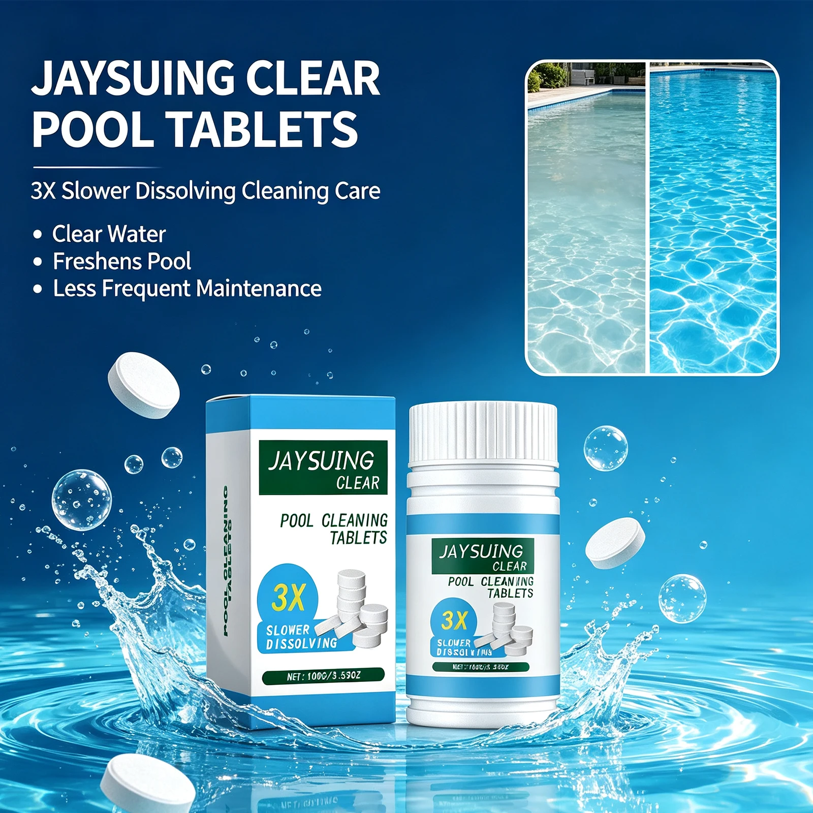 Pool Cleaning Tablets Stabilized Long Last Water Purifier Clear Remove Odor Dirt Stable Release Clean Spa Chlorine Bromine 100g