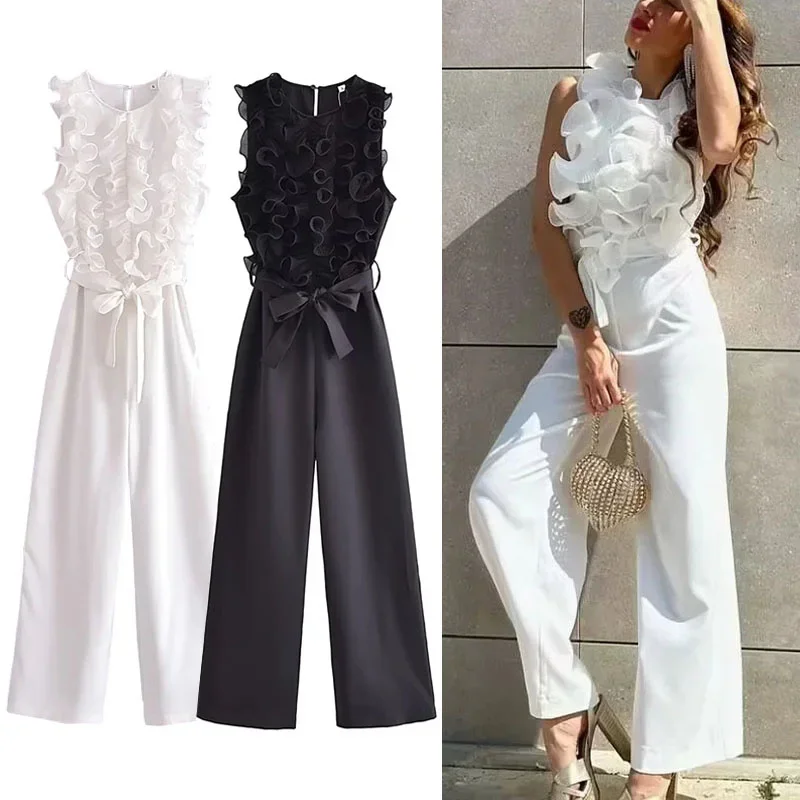 New Ruffle White Jumpsuit Women Sleeveless Long Jumpsuits For Women Black Baggy Elegant Jumpsuit Woman 2025 Summer Overalls