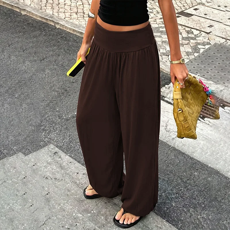 Women High Waist Wide Leg Palazzo Pants Fold Over Waistband Loose Flowy Trousers Summer Casual Streetwear Beach Vacation Lounge