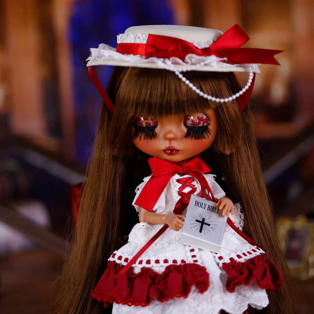 ICY DBS Blyth Doll 1/6 BJD Tan Skin Brown Straight Hair Jellyfish Head Straight Hair Custom Hand Carved Eyebrow, Lips, and Face