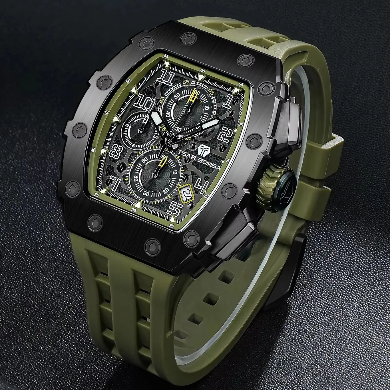 TSAR BOMBA Men's Quartz Watch Japanese Movement Tonneau-Shaped Stainless Steel Case Classic Wristwatch Elegant Dress Watch
