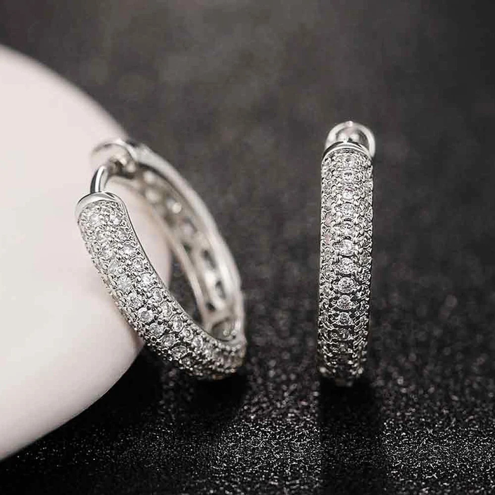 Women's Silver Color CZ Hoop Earrings, Minimalist Style