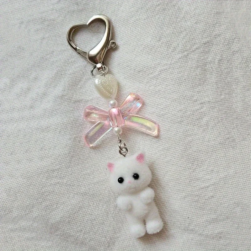 Cute Fuzzy Kitty Cat Heart Bow Keychain, Kitten, Kawaii, Pink Bow, Pearl Heart