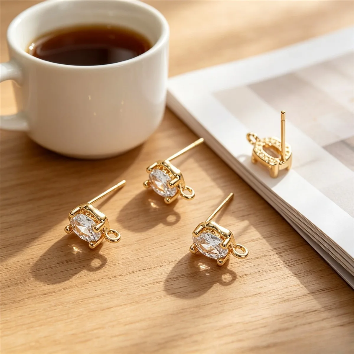 Brass Gold Plated Oval Zircon Branch Pearl Bezel Stud Blank DIY Handmade Pearl Earring Jewelry Findings