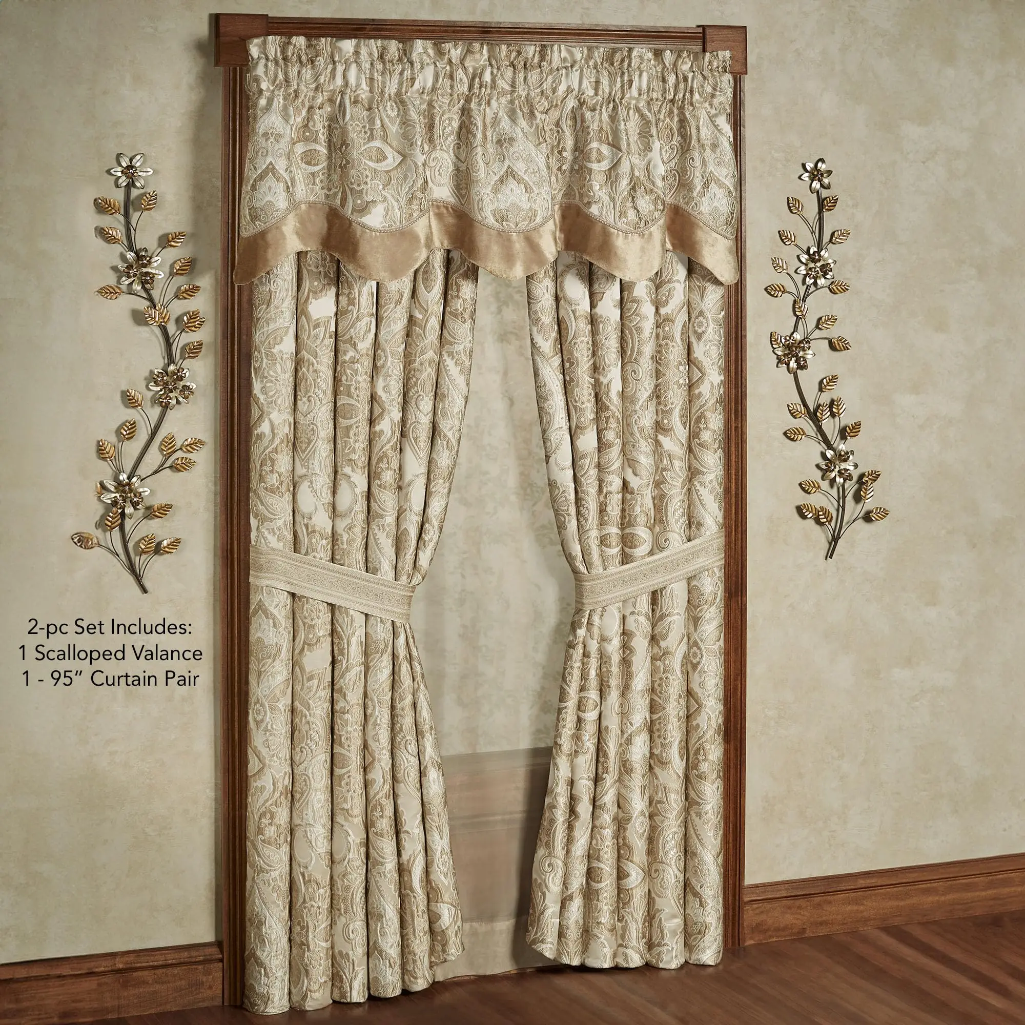Albany Luxury Window Scalloped Valance & 95L Curtains, Champagne & Ivory