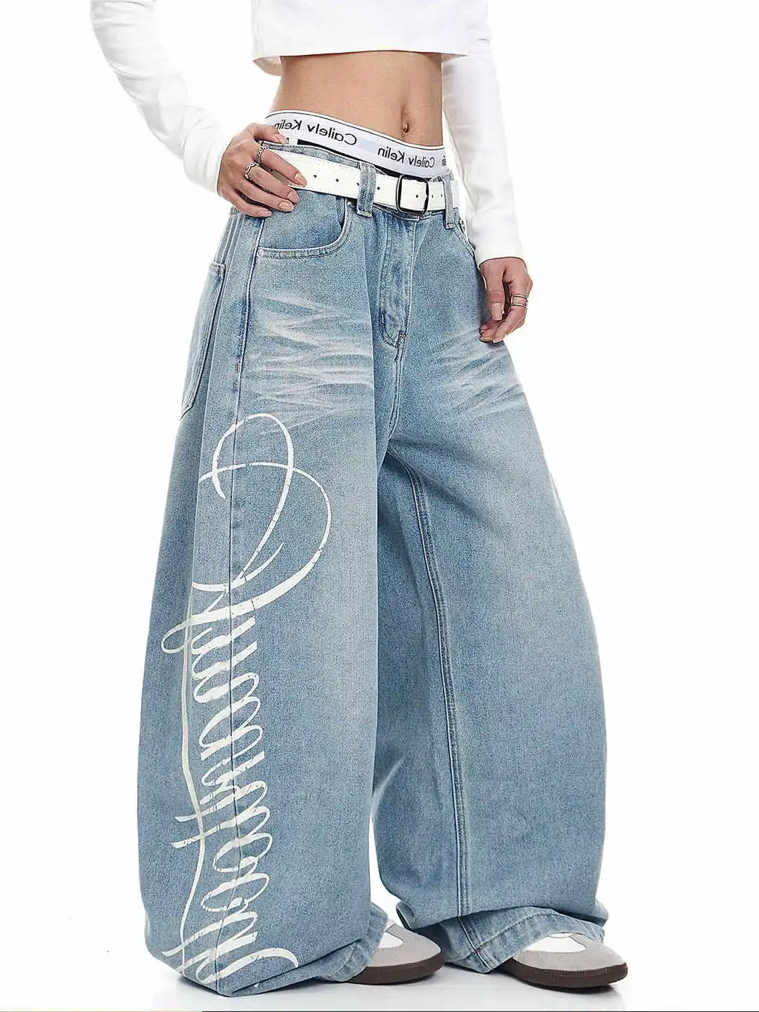 

Женские синие мешковатые джинсы с буквенным принтом Y2k, японский стиль 2000-х годов, джинсовые брюки в стиле Харадзюку, винтажные джинсы в стиле хип-хоп, осенние брюки