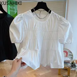 KUSAHIKI French Puff Sleeves Doll Shirt for Women's 2024 Summer New Round Neck Causal Blouse Top Roupas Femininas