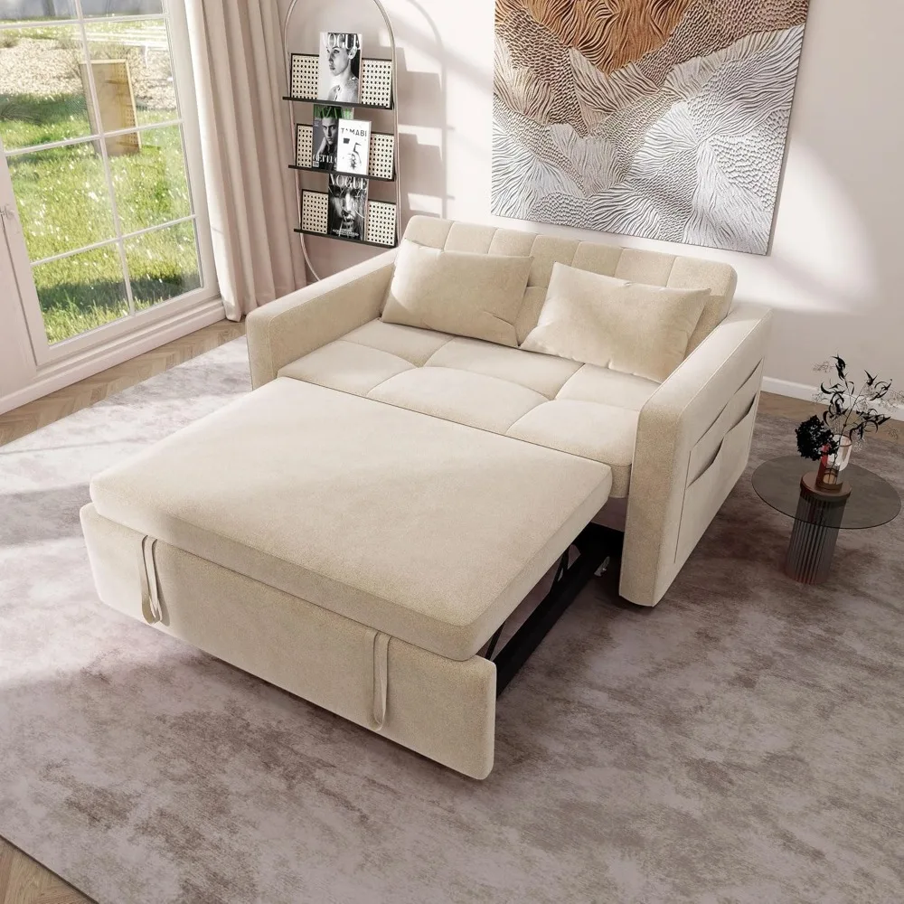 Sofá cama convertible de 55", sofá cama de terciopelo con cama extraíble, sofá futón 3 en 1 con respaldo reclinable y bolsillo lateral