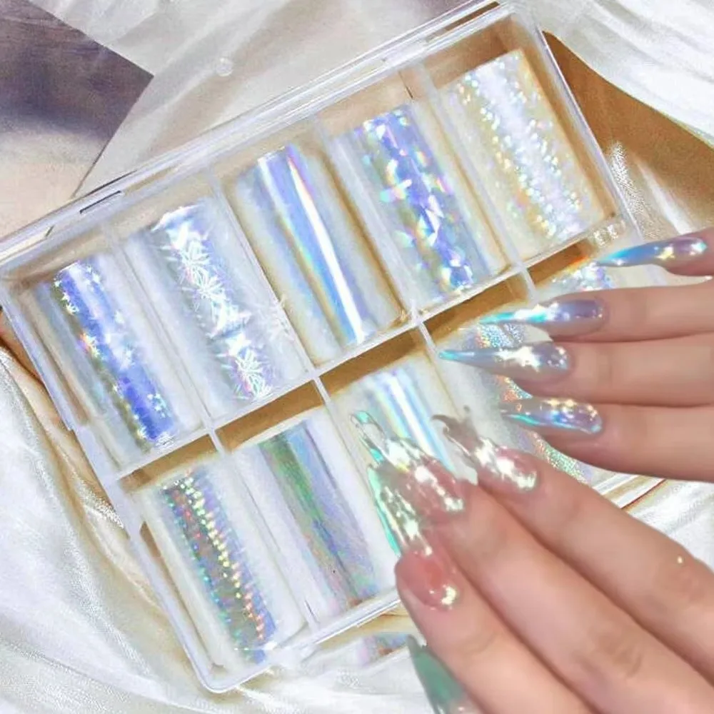 Fashion Iridescent Nail Foil Decals Mermaid Holographic Nail Transfer Stickers Sequin Effect Laser Manicure Decals Manicure DIY