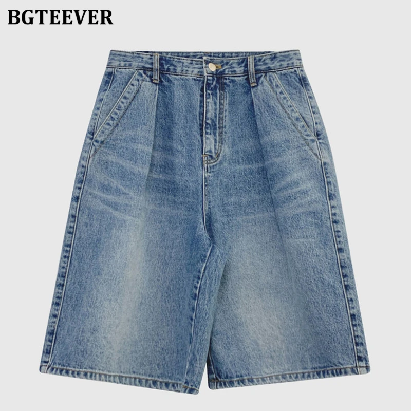 BGTEEVER Pantalones cortos vaqueros sueltos informales para mujer, pantalones cortos vaqueros femeninos de cintura alta de un solo botón de verano