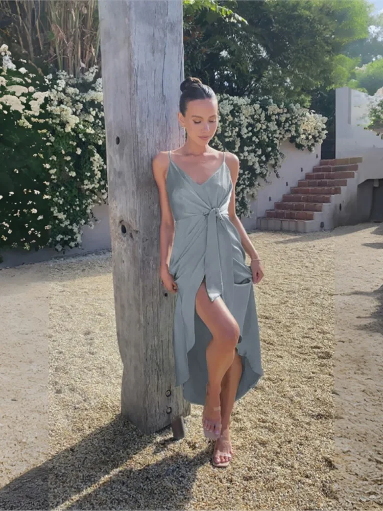 Primavera verão nova moda cor sólida sexy com decote em v sem mangas cinta alisamento cintura vestido feminino francês