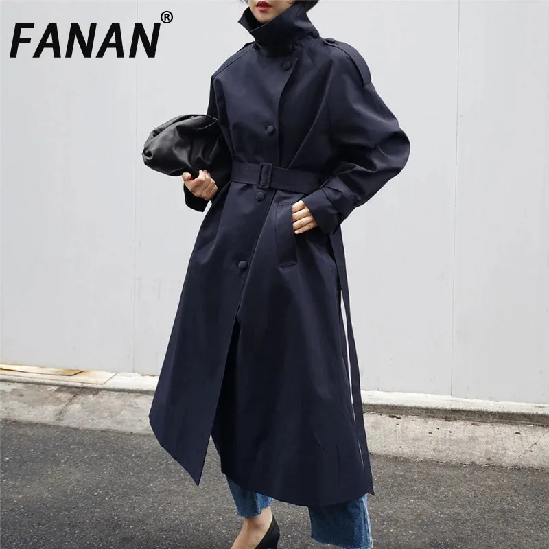 FANAN-Manteau Long pour Femme, Streetwear, Mode, Revers, Manches sulf, Simple Boutonnage, Ceinture, Vêtements Féminins, Nouveau, 2025